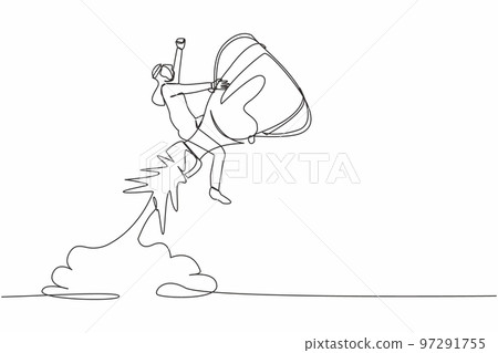 Single continuous line drawing competitive Arab businessman riding trophy rocket flying in the sky. Improve business ability to win competition. Achievement goals. One line design vector illustration 97291755