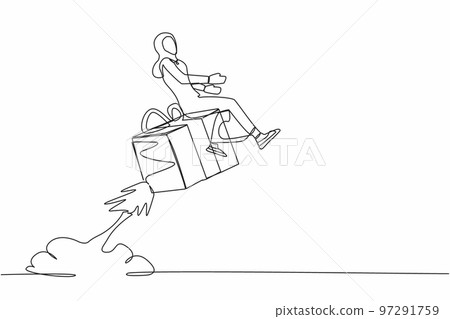 Single continuous line drawing Arab businesswoman riding gift box rocket flying in the sky. Package cardboard box with attached rockets. Big box with booster. One line draw design vector illustration 97291759
