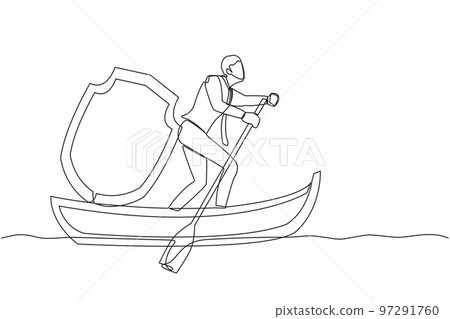 Single continuous line drawing businessman sailing away on boat with protect shield. Business protection and precaution financial crime. Online security guard. One line draw design vector illustration 97291760