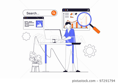 Seo optimization concept with people scene in flat outline design. Man settings site metrics, analyzes webpage data and optimizes settings. Vector illustration with line character situation for web 97291794
