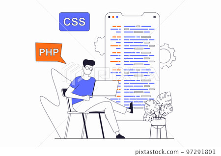 Programmers working concept with people scene in flat outline design. Man developer works with code, fixes bug and creates mobile application. Vector illustration with line character situation for web 97291801