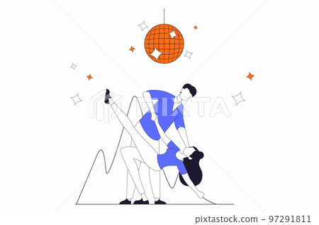 Hobby concept with people scene in flat outline design. Man and woman are engaged in dancing and dance as couple on floor in ballroom studio. Vector illustration with line character situation for web 97291811