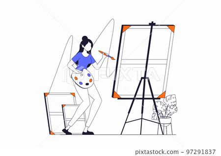 Hobby concept with people scene in flat outline design. Woman artist draws picture on easel, spends leisure time and studying in art studio. Vector illustration with line character situation for web 97291837