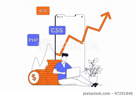 Freelance working concept with people scene in flat outline design. Man developer doing tasks remotely, programing and creating app on laptop. Vector illustration with line character situation for web 97291846