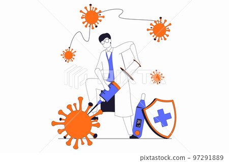 Coronavirus concept with people scene in flat outline design. Doctor with syringe makes vaccination and fights against viruses and diseases. Vector illustration with line character situation for web Coronavirus concept with people scene in flat outline design. Doctor with syringe makes vaccination and fights against viruses and diseases. Vector illustration with line character situation for web 97291889