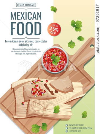 Mexican food flyer template. Tamales with salsa. Vector illustration of traditional mexican food. Discount poster, banner flyer for cafe and restaurant Mexican food flyer template. Tamales with salsa. Vector illustration of traditional mexican food. Discount poster, banner flyer for cafe and restaurant 97291917