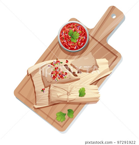 Tamales with salsa sauce on an isolated background. Traditional Mexican food. Delicious food vector illustration Tamales with salsa sauce on an isolated background. Traditional Mexican food. Delicious food vector illustration 97291922