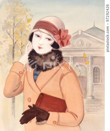 Taisho Roman Showa Retro Western-style building and ginkgo and ribbon hat girl Taisho Roman Showa Retro Western-style building and ginkgo and ribbon hat girl 97292426