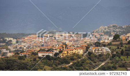 View of small touristic town in the mountains. Dorgali, Sardinia, Italy 97292743