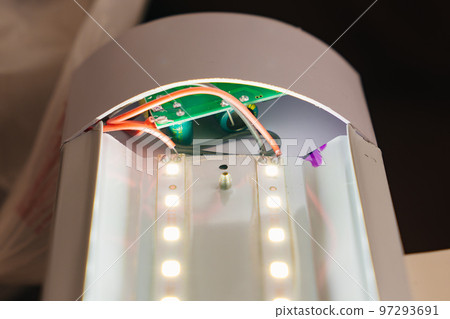 Connection of driver and LED lamps. The internal device of a modern luminaire. Connection of driver and LED lamps. The internal device of a modern luminaire. 97293691