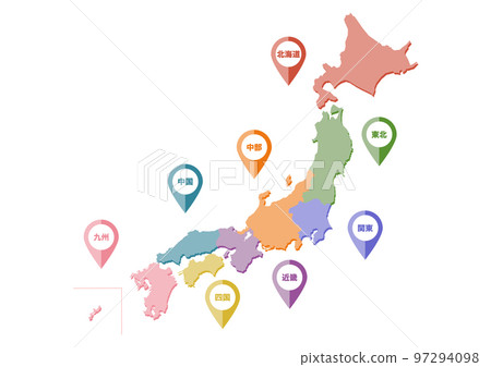 日本地圖插圖:日本地區劃分和圖標 日本地圖插圖:日本地區劃分和圖標 97294098