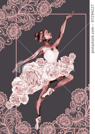 Hand drawn watercolor card template dancing ballerina with flower and lace. Pink pretty ballerina. Watercolor hand drawn illustration. Pictures for poster, invitation, postcard, background and posters 97294227