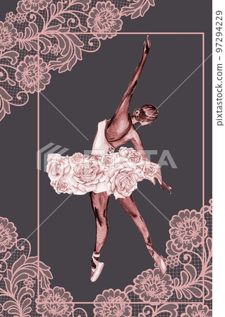 Hand drawn watercolor card template dancing ballerina with flower and lace. Pink pretty ballerina. Watercolor hand drawn illustration. Pictures for poster, invitation, postcard, background and posters 97294229