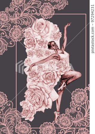 Hand drawn watercolor card template dancing ballerina with flower and lace. Pink pretty ballerina. Watercolor hand drawn illustration. Pictures for poster, invitation, postcard, background and posters 97294231