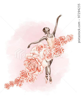 Hand drawn watercolor card template dancing ballerina with flower and lace. Pink pretty ballerina. Watercolor hand drawn illustration. Pictures for poster, invitation, postcard, background and posters 97294235