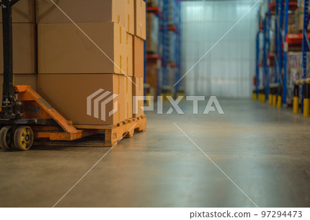 Interior of large warehouse retail store industry. Rack of furniture and home accessories stock storage. Interior of cargo in ecommerce and logistic concept. Depot 97294473