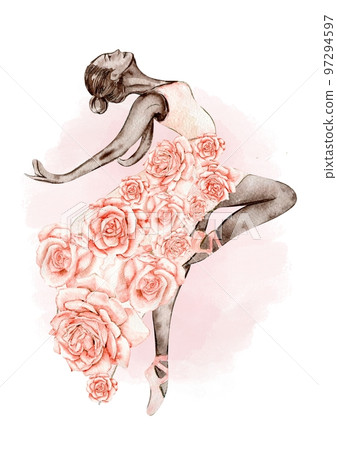 Hand drawn watercolor card template dancing ballerina with flower and lace. Pink pretty ballerina. Watercolor hand drawn illustration. Pictures for poster, invitation, postcard, background and posters 97294597