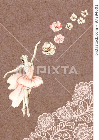 Hand drawn watercolor card template dancing ballerina with flower and lace. Pink pretty ballerina. Watercolor hand drawn illustration. Pictures for poster, invitation, postcard, background and posters 97294601