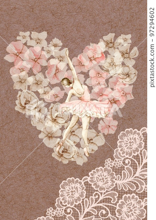 Hand drawn watercolor card template dancing ballerina with flower and lace. Pink pretty ballerina. Watercolor hand drawn illustration. Pictures for poster, invitation, postcard, background and posters 97294602