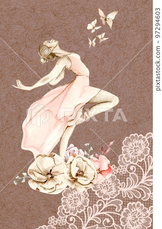 Hand drawn watercolor card template dancing ballerina with flower and lace. Pink pretty ballerina. Watercolor hand drawn illustration. Pictures for poster, invitation, postcard, background and posters 97294603
