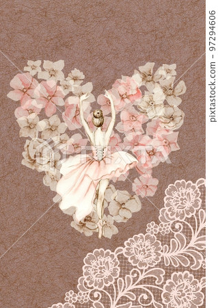 Hand drawn watercolor card template dancing ballerina with flower and lace. Pink pretty ballerina. Watercolor hand drawn illustration. Pictures for poster, invitation, postcard, background and posters 97294606
