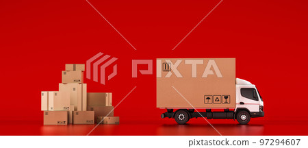 Big cardboard box package on a white truck ready to be delivered on red background Big cardboard box package on a white truck ready to be delivered on red background 97294607