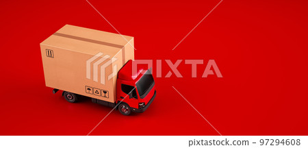 Big cardboard box package on a red truck ready to be delivered 97294608