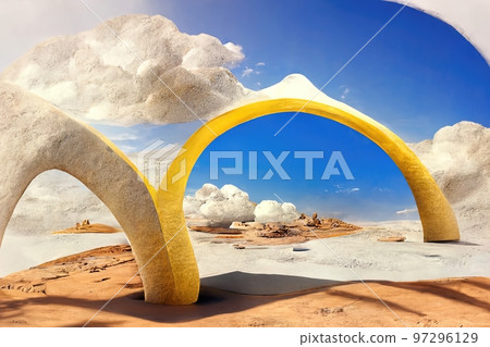 Surreal desert landscape with yellow arch and white clouds, 3d render Surreal desert landscape with yellow arch and white clouds, 3d render 97296129