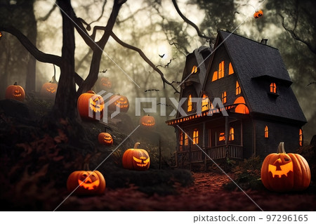 Black and orange house with Halloween theme, 3d render Black and orange house with Halloween theme, 3d render 97296165