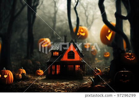 Black and orange house with Halloween theme, 3d render 97296299