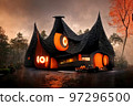 Black and orange house with Halloween theme, 3d render 97296500