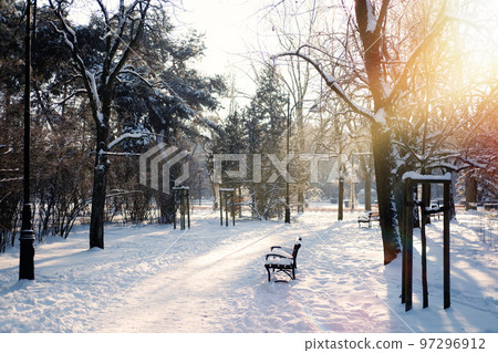 Winter solstice in snowy forest or park natural scene. Hibernal solstice. Sparkling snow in the snowy forest and low sun 97296912