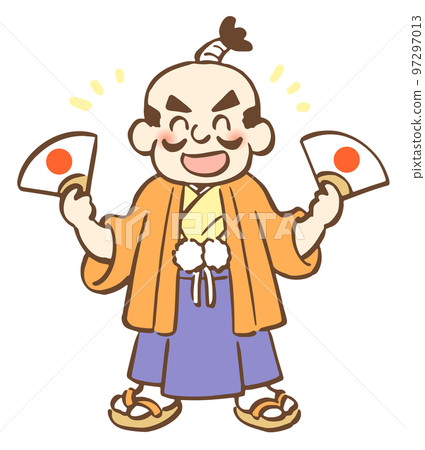 Illustration of a feudal lord in a good mood holding a folding fan in both hands 97297013