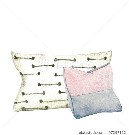 Watercolor illustration interior of living room with sofa, pillows, decor. Clipart. Home decor elements on a white background. Pillows 97297112