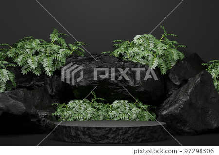 black Empty podium Blank product shelf standing backdrop. 3D rendering. 97298306