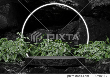 black Empty podium Blank product shelf standing backdrop. 3D rendering. black Empty podium Blank product shelf standing backdrop. 3D rendering. 97298317