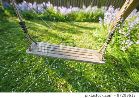 Old wooden swing in a garden with blue flowers and moss in a lush backyard. Peaceful scene of an outside playground with vibrant wild bluebells and overgrown lawn in spring with copy space 97299612