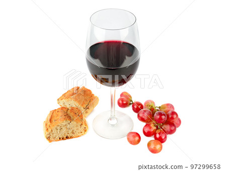 A glass of red wine , bunch of grapes and baguette isolated on a whit. A glass of red wine , bunch of grapes and baguette isolated on a whit. 97299658