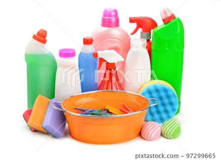 Set of household chemicals, sponges and trough isolated on white . 97299665