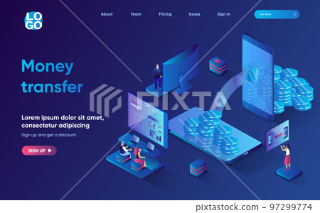 Money transfer concept 3d isometric web landing page. People make financial transactions using mobile banking, send and receive finance to their accounts. Vector illustration for web template design Money transfer concept 3d isometric web landing page. People make financial transactions using mobile banking, send and receive finance to their accounts. Vector illustration for web template design 97299774