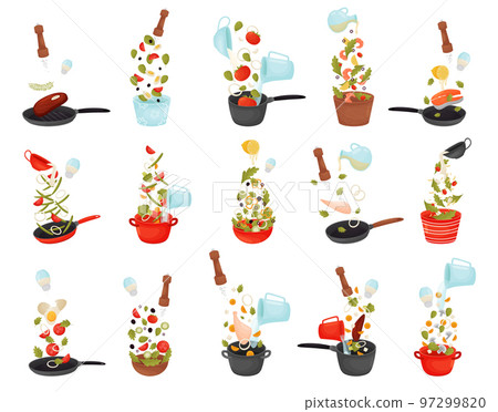 Food Cooking Process with Frying Pan, Pot and Salad Bowl with Ingredients Big Vector Set Food Cooking Process with Frying Pan, Pot and Salad Bowl with Ingredients Big Vector Set 97299820