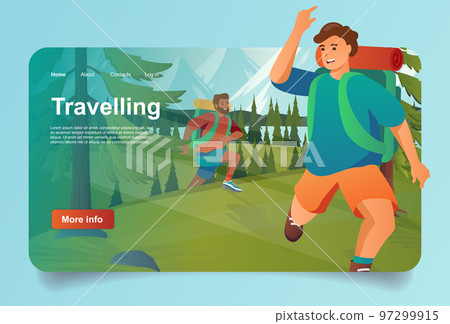 Travelers hiking in forest concept in cartoon design for landing page. Men hikers with backpacks run in green forest, camping and mountain tourism. Vector illustration with people for web homepage Travelers hiking in forest concept in cartoon design for landing page. Men hikers with backpacks run in green forest, camping and mountain tourism. Vector illustration with people for web homepage 97299915