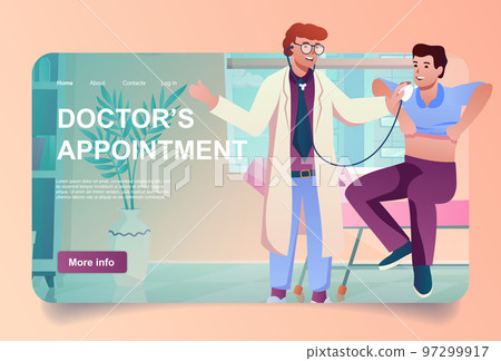 Doctors appointment concept in cartoon design for landing page. Therapist examines patient, diagnoses and prescribes treatment at medical clinic. Vector illustration with people for web homepage Doctors appointment concept in cartoon design for landing page. Therapist examines patient, diagnoses and prescribes treatment at medical clinic. Vector illustration with people for web homepage 97299917