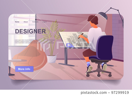 Designer working at home concept in cartoon design for landing page. Man draws building blueprint on tilted table and does creative work in studio. Vector illustration with people for web homepage 97299919