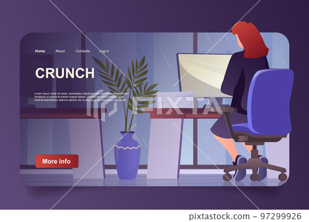 Crunch time concept in cartoon design for landing page. Overworked woman working in office late at night. Business deadline overtime, stress at work. Vector illustration with people for web homepage 97299926