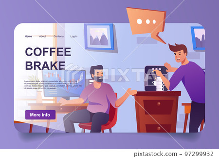 Coffee break in office concept in cartoon design for landing page. Colleagues making coffee, drinking, resting, brainstorming and discuss work tasks. Vector illustration with people for web homepage Coffee break in office concept in cartoon design for landing page. Colleagues making coffee, drinking, resting, brainstorming and discuss work tasks. Vector illustration with people for web homepage 97299932