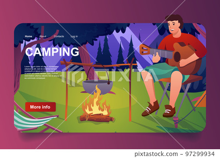 Man rests at camping concept in cartoon design for landing page. Tourist plays guitar while sitting by campfire, trekking in mountain forest with tent. Vector illustration with people for web homepage Man rests at camping concept in cartoon design for landing page. Tourist plays guitar while sitting by campfire, trekking in mountain forest with tent. Vector illustration with people for web homepage 97299934