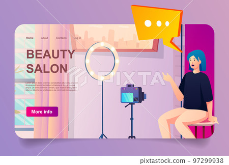 Bloggers room concept in cartoon design for landing page. Woman blogger recording video content with camera and rig lamp in professional studio. Vector illustration with people for web homepage 97299938
