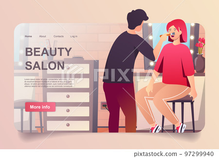 Beauty salon concept in cartoon design for landing page. Beautician makes makeup to female client and does skin care treatment for woman in studio. Vector illustration with people for web homepage Beauty salon concept in cartoon design for landing page. Beautician makes makeup to female client and does skin care treatment for woman in studio. Vector illustration with people for web homepage 97299940