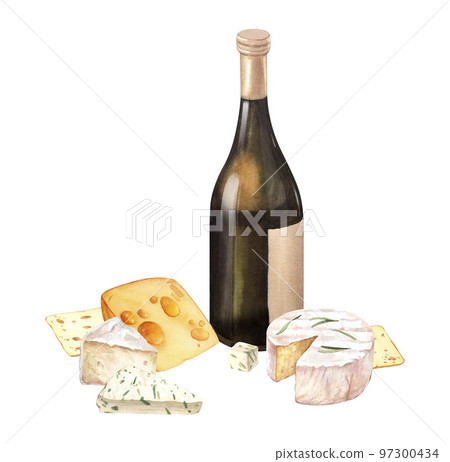 Watercolor white wine bottle glasses with camembert cheese, brie, blue and milk cheese. Hand drawn illustration, isolated on white background. Concept for wine list, banner, menu, flyer, template 97300434
